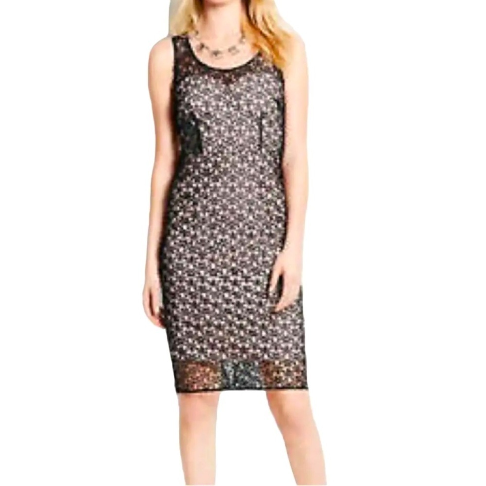ANN TAYLOR black open knit lace nude underlay sleeveless cocktail dress, size 0